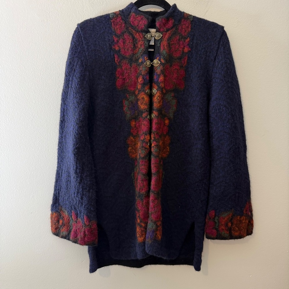Coldwater Creek 100% Alpaca Wool Floral‎ Hand Loomed Cardigan Navy Blue Small